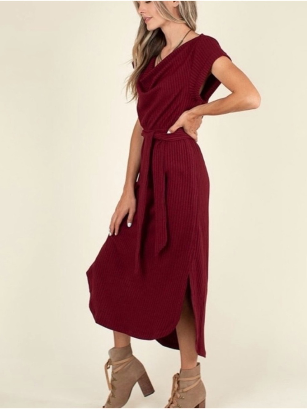 Joyfolie Burgundy Ribbed Midi Dress with Self Tie